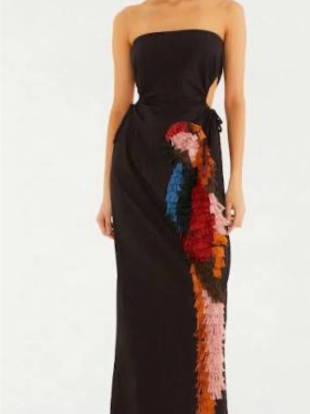 FARM Rio Black Strapless Maxi Dress with Multicolor Fringe Detail